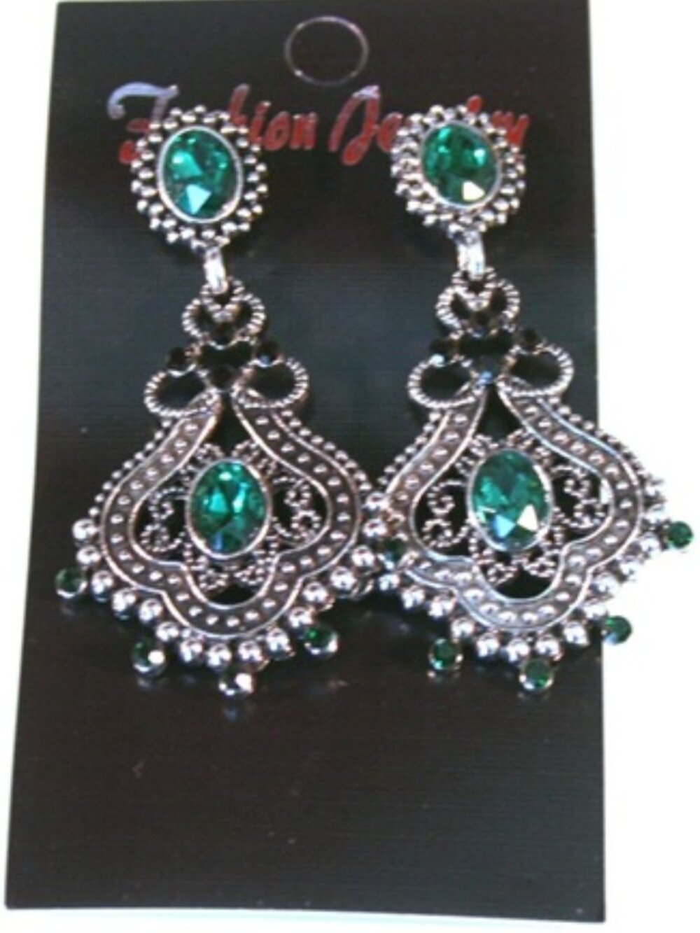 DESIGNER Antique Silver Emerald Green & Black Crystals Chandelier Earrings**NEW!